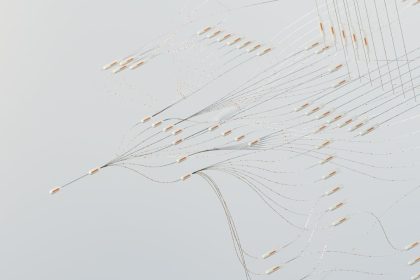 Ilustração abstrata de redes neurais digitais interconectadas, com pontos luminosos e fluxos de dados.