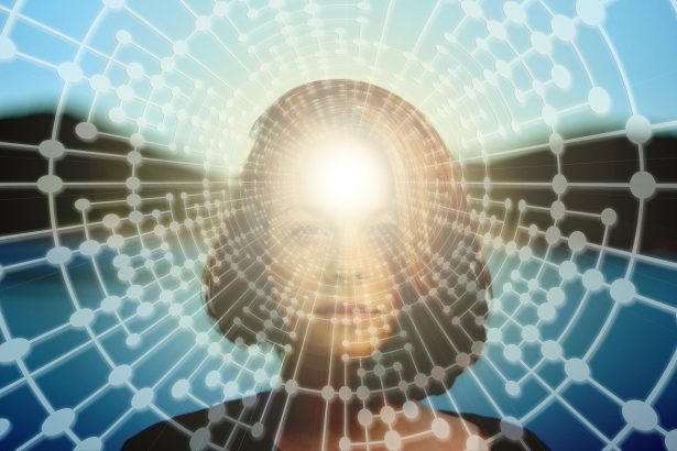 Imagem conceitual de um rosto humano integrado a circuitos e conexões digitais, representando inteligência artificial e tecnologia em rede.